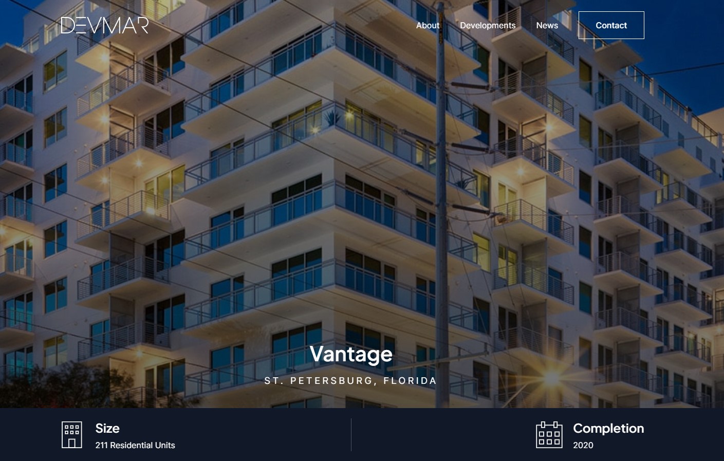 Screenshot of property page hero section on DevMar's website.