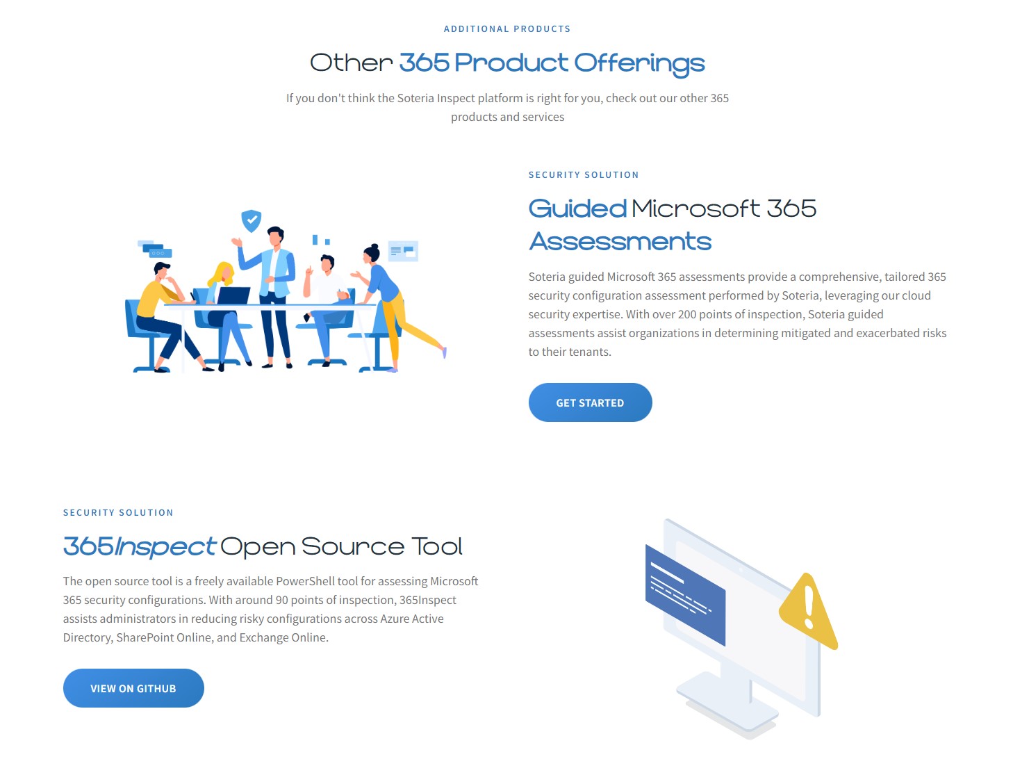 Screenshot of product offerings section on Soteria website.