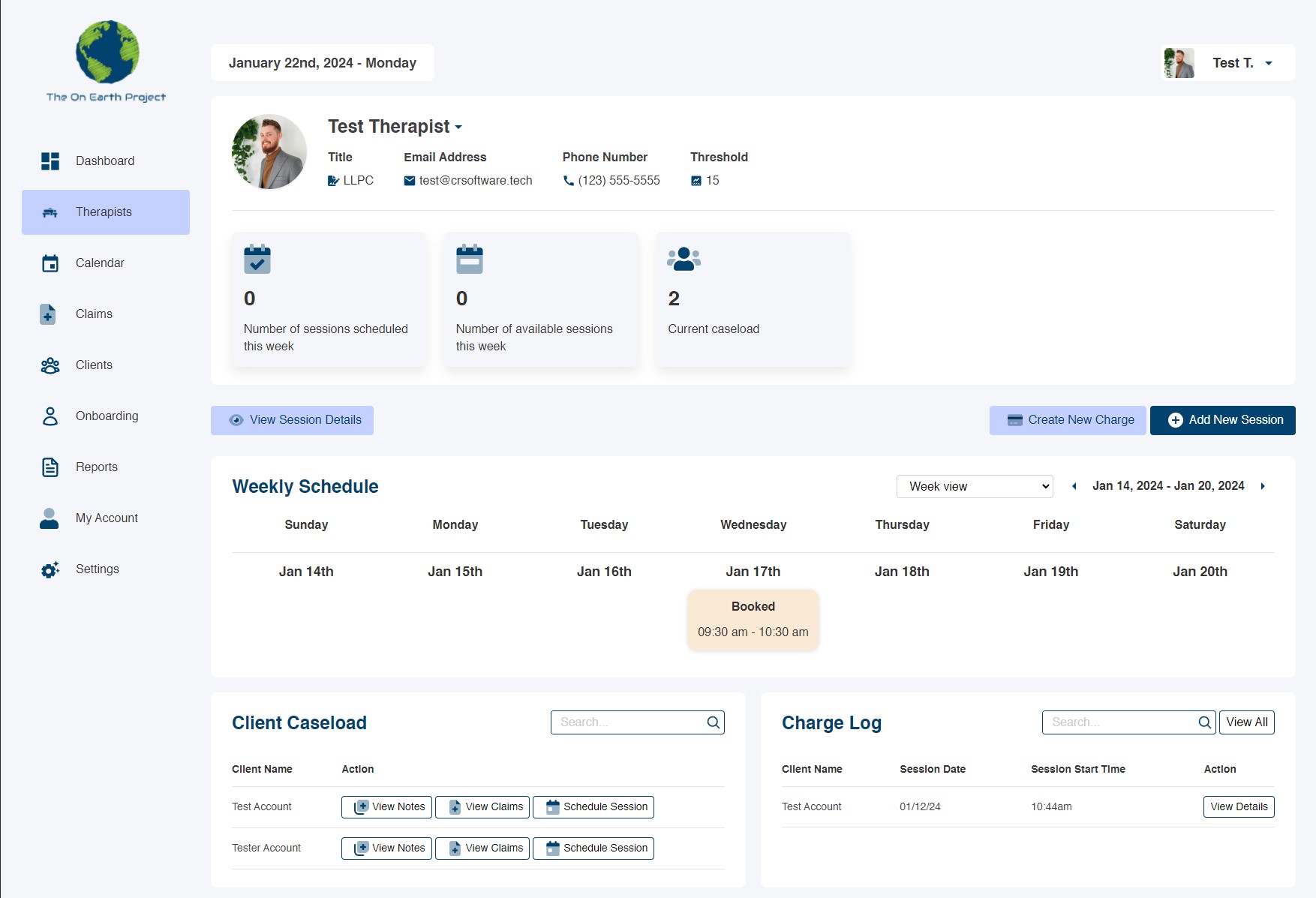 Screenshot of therapist page
