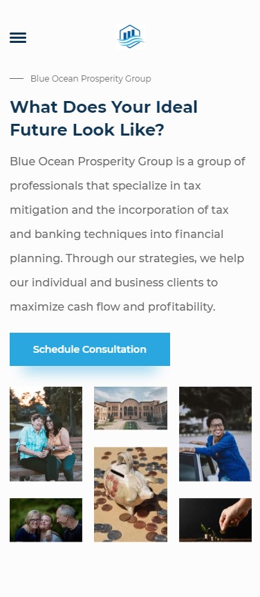Blue Ocean Prosperity Group's custom website on a mobile device.