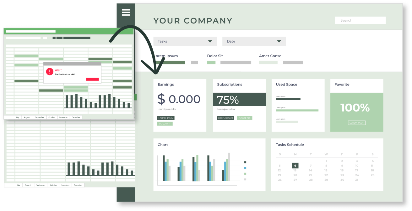 Illustration showing an Excel spreadsheet with errors transformed into a custom web application.